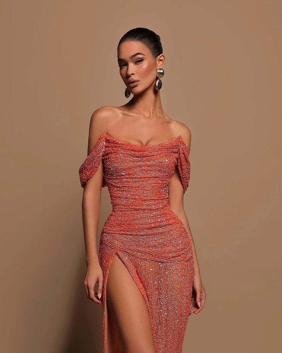 Glamorous Sequins Off the Shoulder Sleeveless Pleated Long Prom Dress with Split