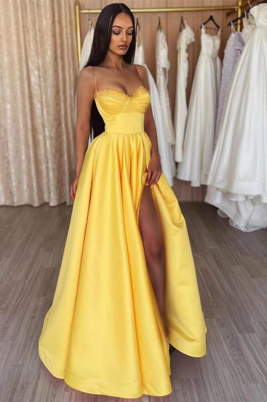 Yellow Slit Evening Dress A Line With Spaghetti-Straps