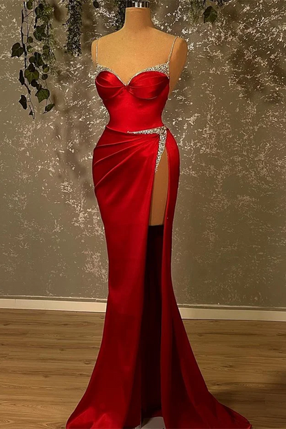 Spaghetti-Straps Beadings Burgundy Mermaid Prom Dress With Slit