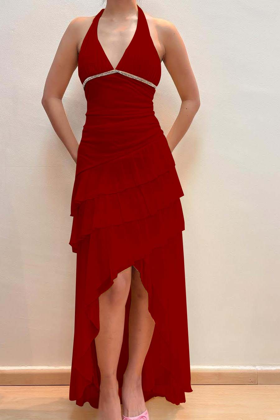 Halter V-Neck Sleeveless Long Evening Dress With Pleated Beading