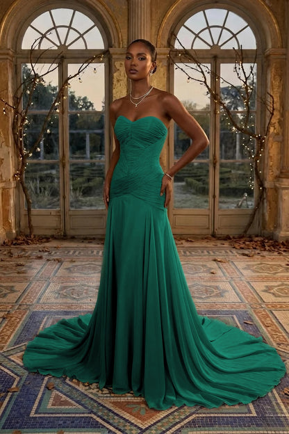 Elegant Dusty Sage Sweetheart Evening Dress in Chiffon with Pleated