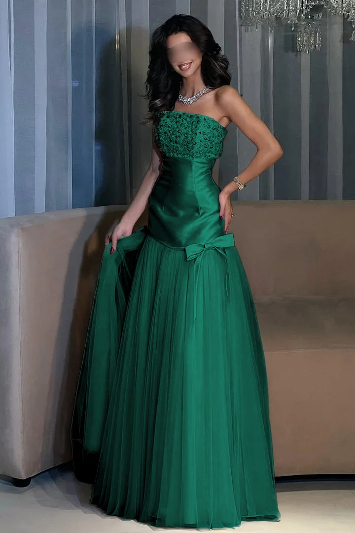 Charming Candy Pink Satin Tulle Sleeveless Strapless Long Evening Dress with Beadings