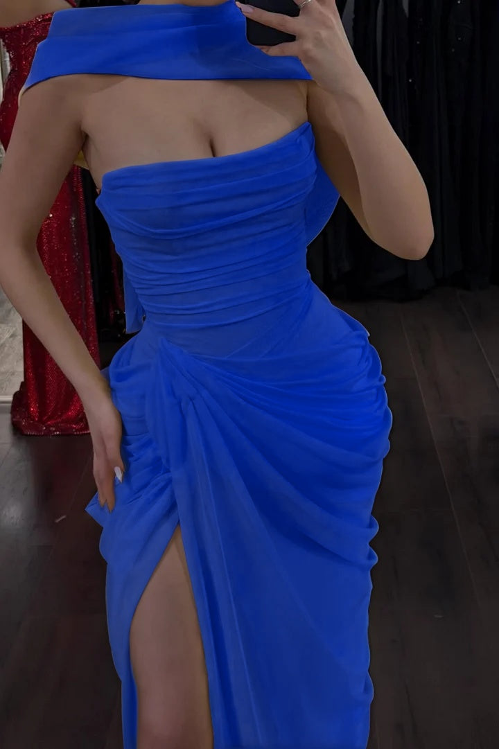 Elegant Yellow Sleeveless Strapless Split Long Evening Dress With Scarf