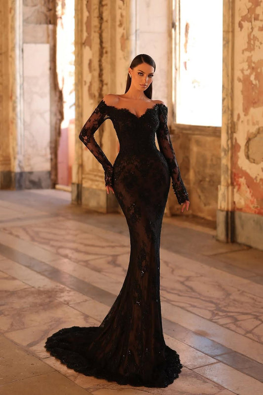 Elegant Black Lace Long Sleeves Off the Shoulder Mermaid Long Prom Dress with Beadings