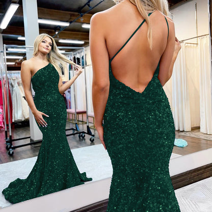 Royal Blue Mermaid One-Shoulder Prom Dress With Sequins