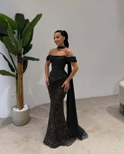 Off Shoulder Beads Mermaid Square Prom Dress With Scarf