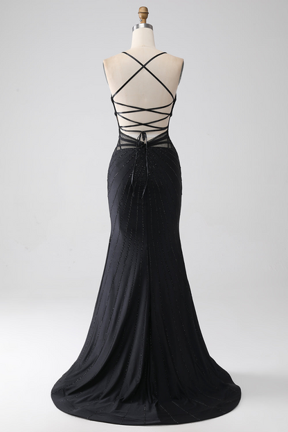 Black Sleeveless Spaghetti Straps Sweethearts Prom Dress With Beads