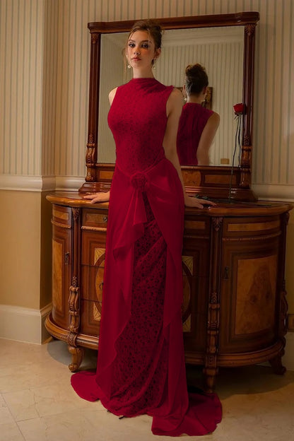 High Neck Sleeveless Mermaid Evening Dress With Lace Embroidery