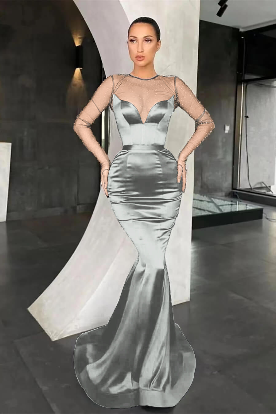 Black Mermaid Long Sleeves Prom Dress With Beads Online V-Neck