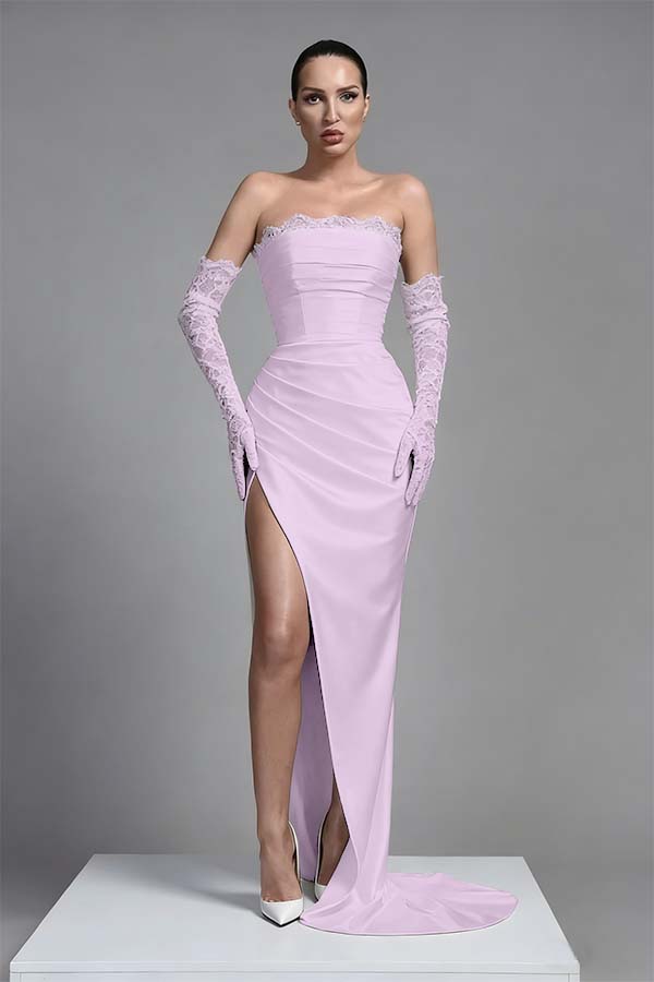 Black Sleeveless Long Split Pleated Evening Dress With Long Gloves