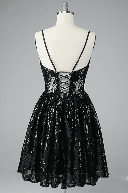 Black A-line V Neck Lace-Up Back Sequins-Embroidered Mini Dress