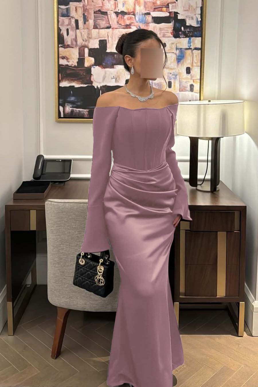 Chic Satin Regency Off the Shoulder Long Sleeves Mermaid Prom Dress with Pleated