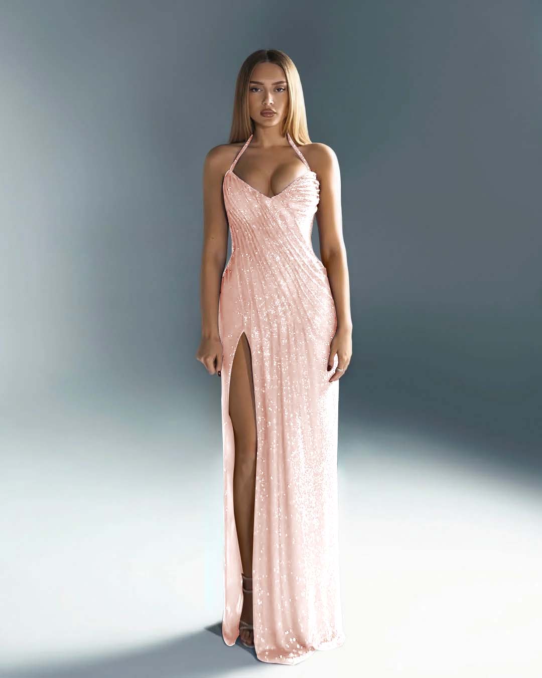 Sleeveless Halter Straps V-Neck Slit Prom Dress With Sequin