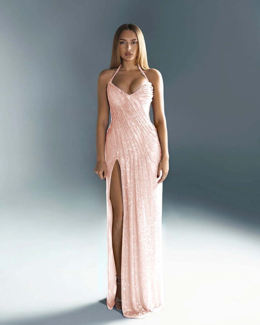 Sleeveless Halter Straps V-Neck Slit Prom Dress With Sequin