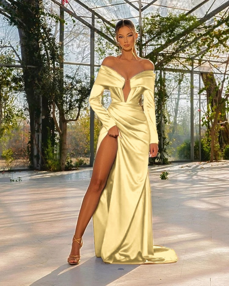 Royal Blue Long Sleeve Strapless Slit Prom Dress