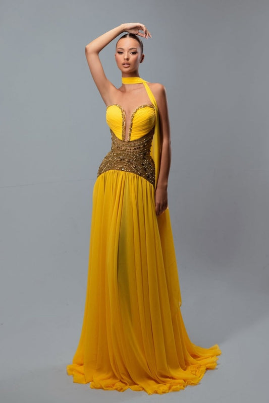 Charming Yellow Chiffon Beaded Sleeveless Sweetheart Prom Dress with Scarf