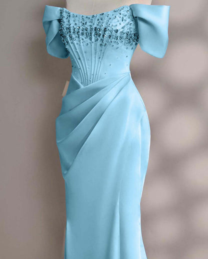Blushing Pink A-Line Off-the-Shoulder Beads Prom Dress with Pleated