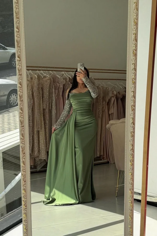 Green Elegant Strapless Beaded Prom Dress With Side Trail