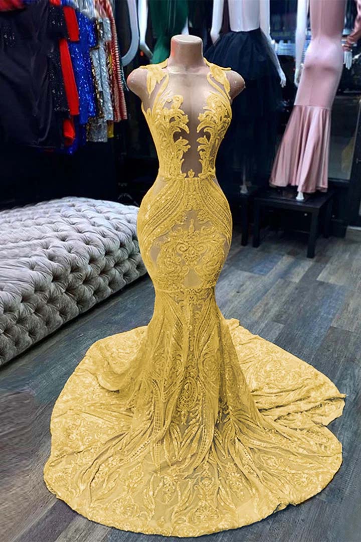 Mermaid Yellow Sequins Prom Dress Sleeveless