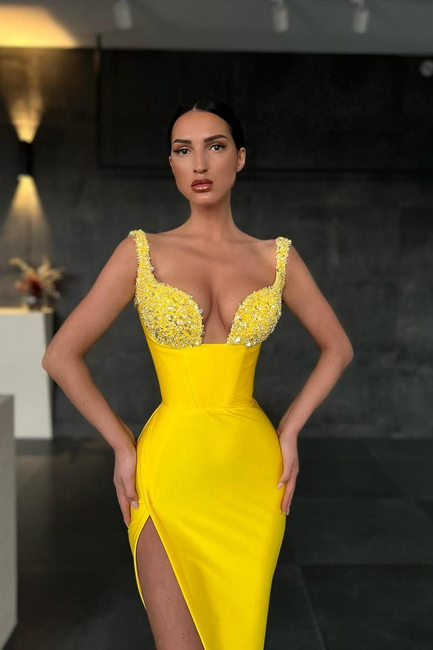 Mermaid Yellow Sequins Straps Prom Dress With Slit