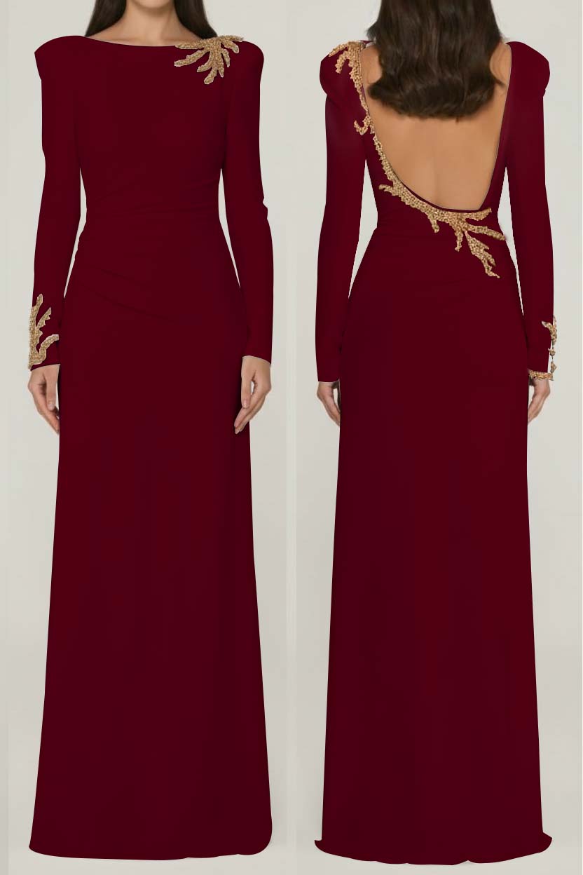 Chic Black Satin Long Sleeves Squre Neck Prom Dress with Rhinestone