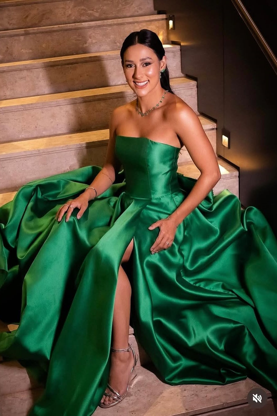 Dark Green Sleeveless Strapless Square A-Line Prom Dress