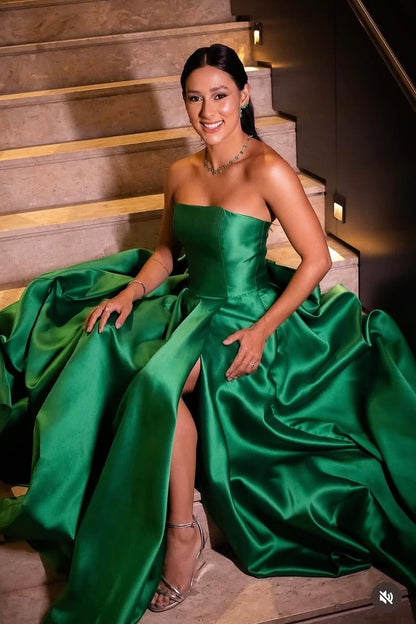 Dark Green Sleeveless Strapless Square A-Line Prom Dress