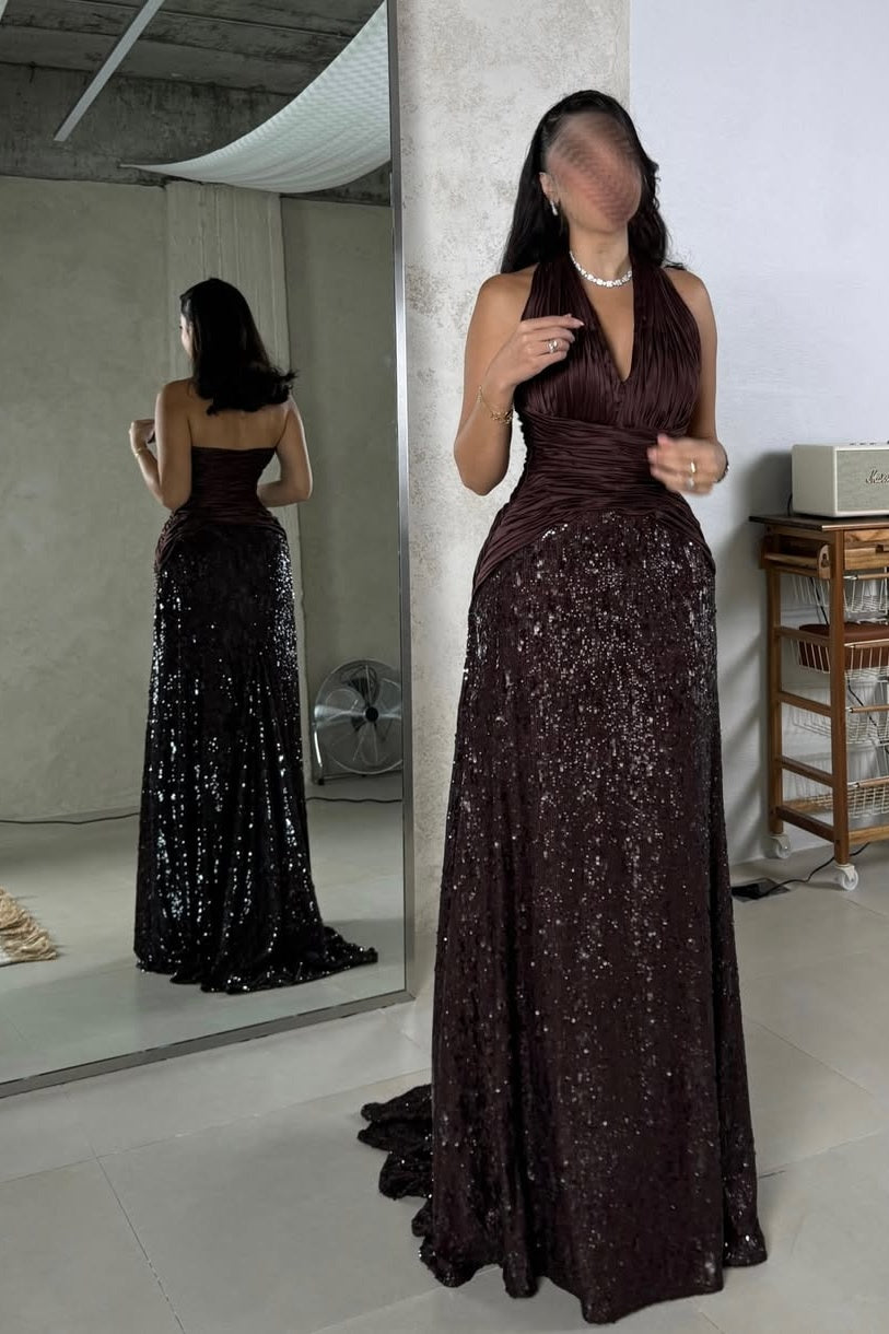 A Line Halter Straps Sleeveless Beaded Long Dress With Sequins