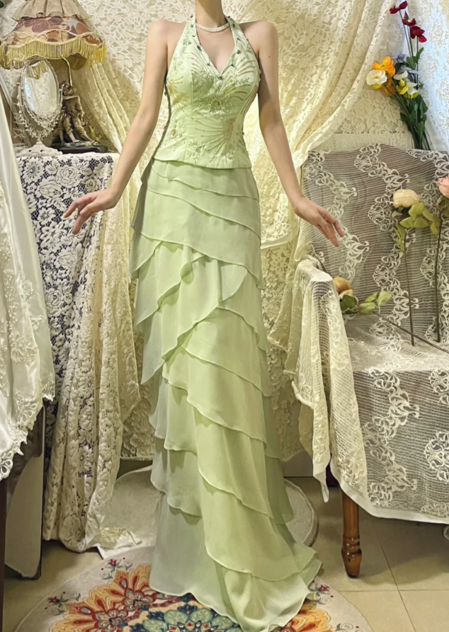 Gorgeous Halter V Neck Green Satin Beaded Chiffon Layered Mermaid Long Evening Dress Prom Gown D2141