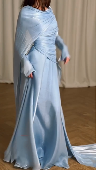 Elegant Blue Tulle Pleated Mermaid Long Party Dress Prom Gown Formal Wedding Guest Dress SP1312