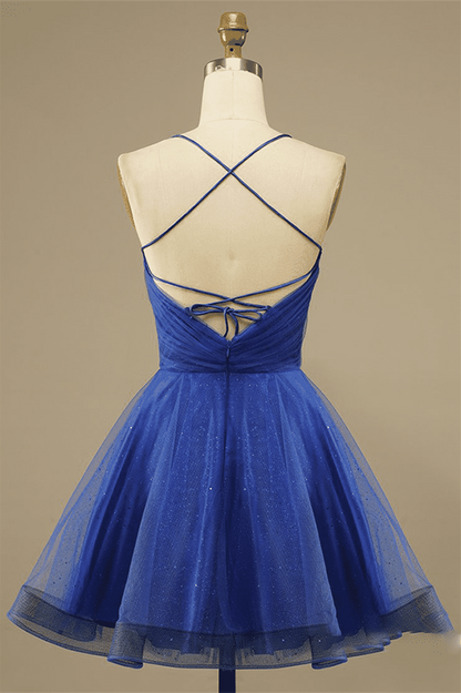 Royal Blue A-line Lace-Up Back Surplice Tulle Mini Homecoming Dress