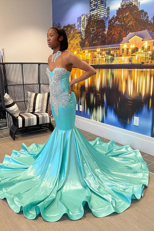 Chic Sleeveless Mermaid Jade Prom Dress Beaded With Appliques