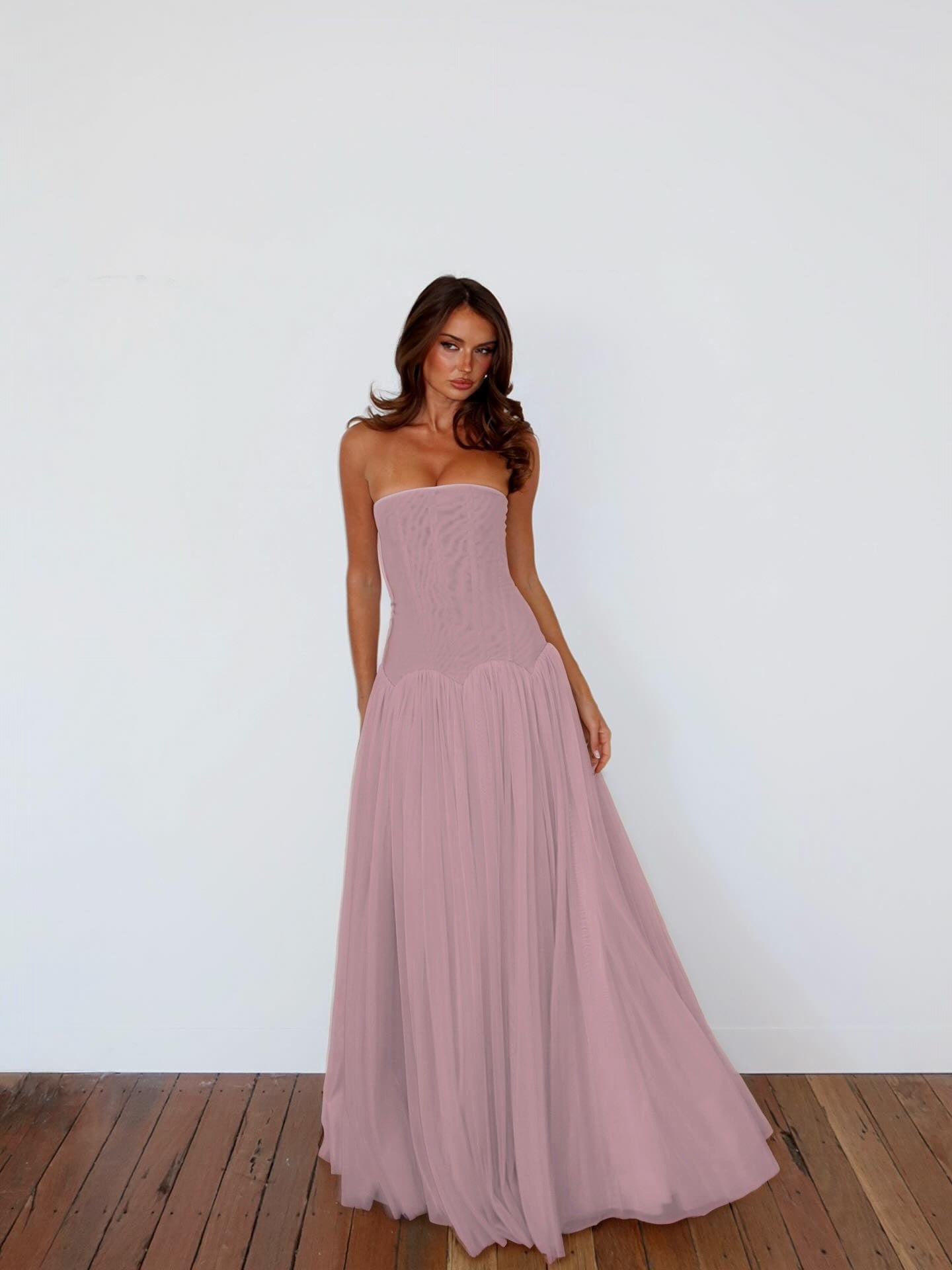 Charming Straight Across Sleeveless Pleated Tulle Evening Dress