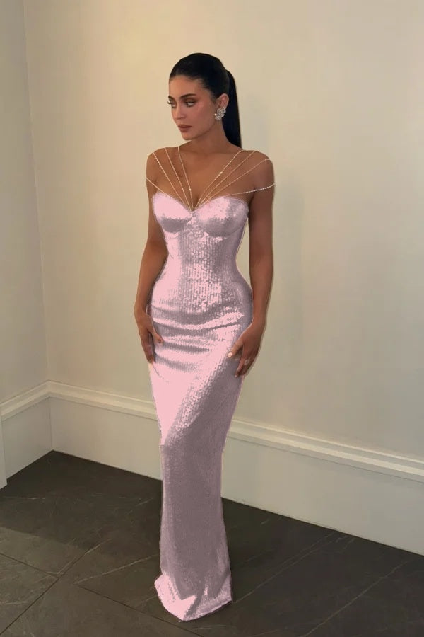Sparkly Silver Off-the-Shoulder Evening Dress Sleeveless With Sequins