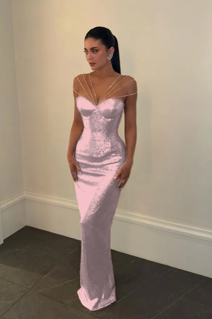 Sparkly Silver Off-the-Shoulder Evening Dress Sleeveless With Sequins
