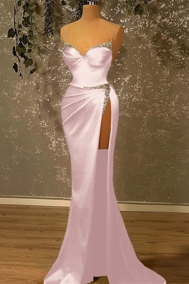 Spaghetti-Straps Beadings Burgundy Mermaid Prom Dress With Slit