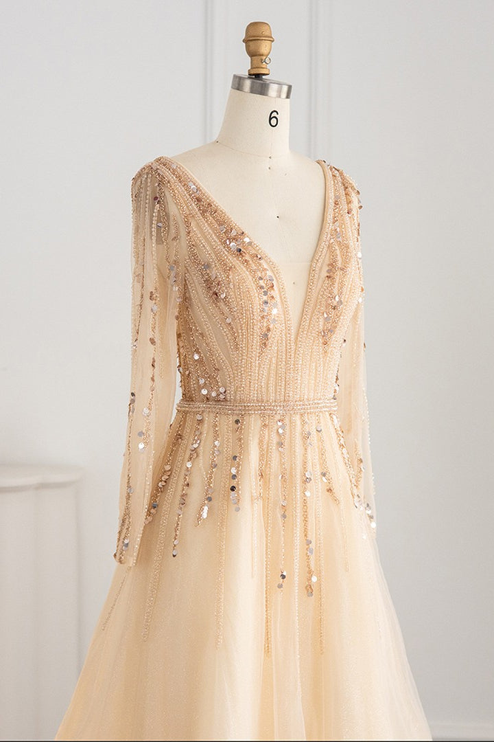 V Neck Long Sleeves A Line Evening Dress Tulle With Sequins