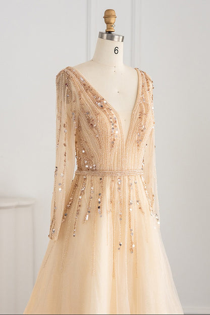 V Neck Long Sleeves A Line Evening Dress Tulle With Sequins
