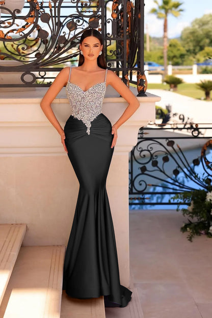 Stunning Purple Satin Sleeveless Spaghtti Strap Mermaid Prom Dress with Beadings
