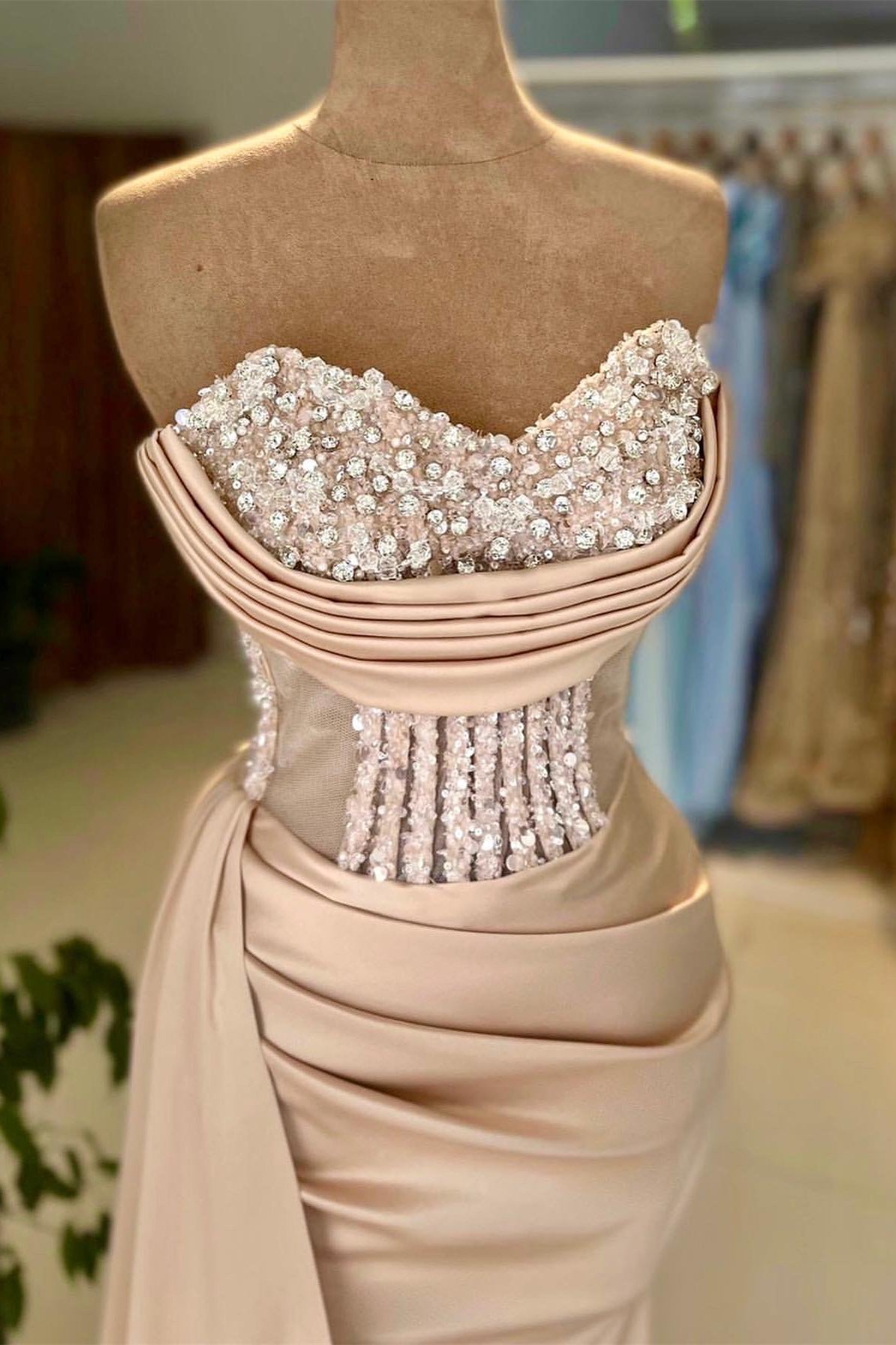 Sweetheart Champagne Mermaid Prom Dress Slit With Beadings