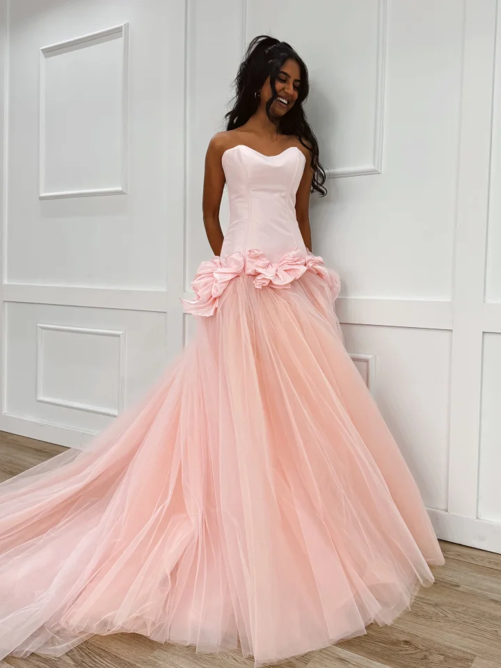 Pink Sweetheart Mermaid Evening Dress in Satin and Tulle with Bows