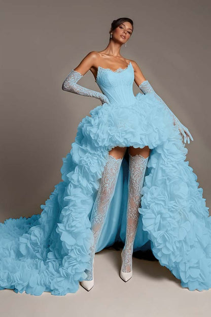 Sleeveless Strapless A Line Embroidery Pleated Prom Dress With Gloves
