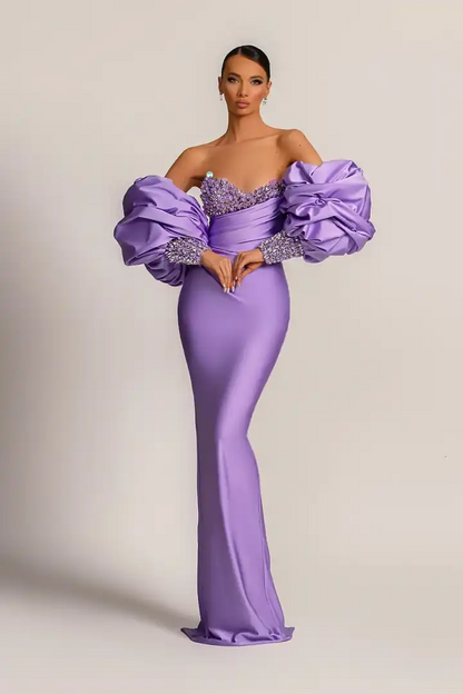 Purple Mermaid Prom Dress With Appliques Puff Sleeves