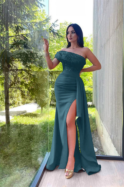 One Shoulder Sequins Strapless Red Split Mermaid Prom Dress With Lace Appliques