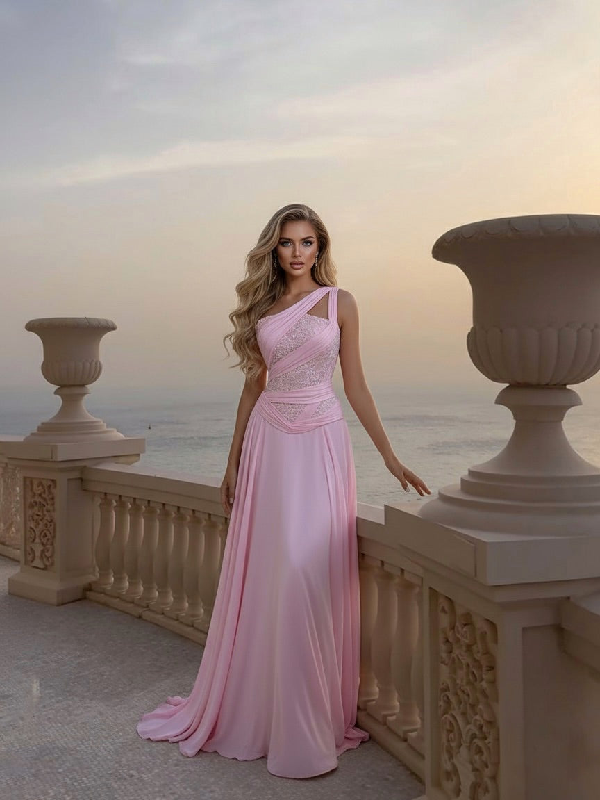 Pink One Shoulder Chic Long Dress With Beading