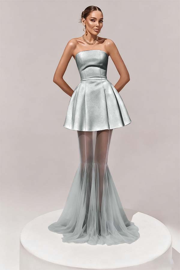 Stunning Black Sleeveless Strapless Prom Dress with Removable Hem