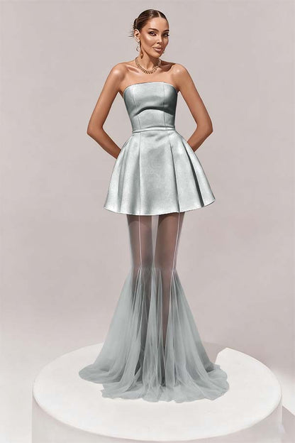 Stunning Black Sleeveless Strapless Prom Dress with Removable Hem