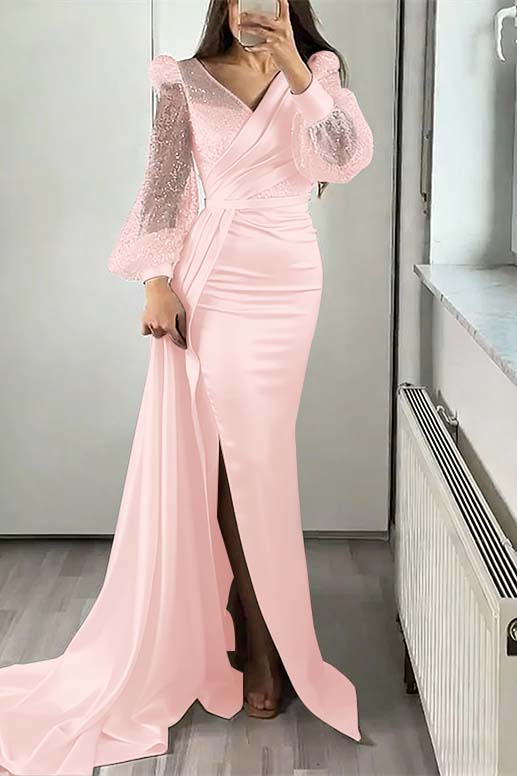 V-Neck Long Sleeves Sequins Mermaid Split Evening Dress With Ruffle
