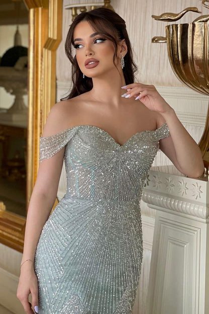 Glamorous Blue Sequins Off the Shoulder Long Mermaid Prom Dress with Beadings