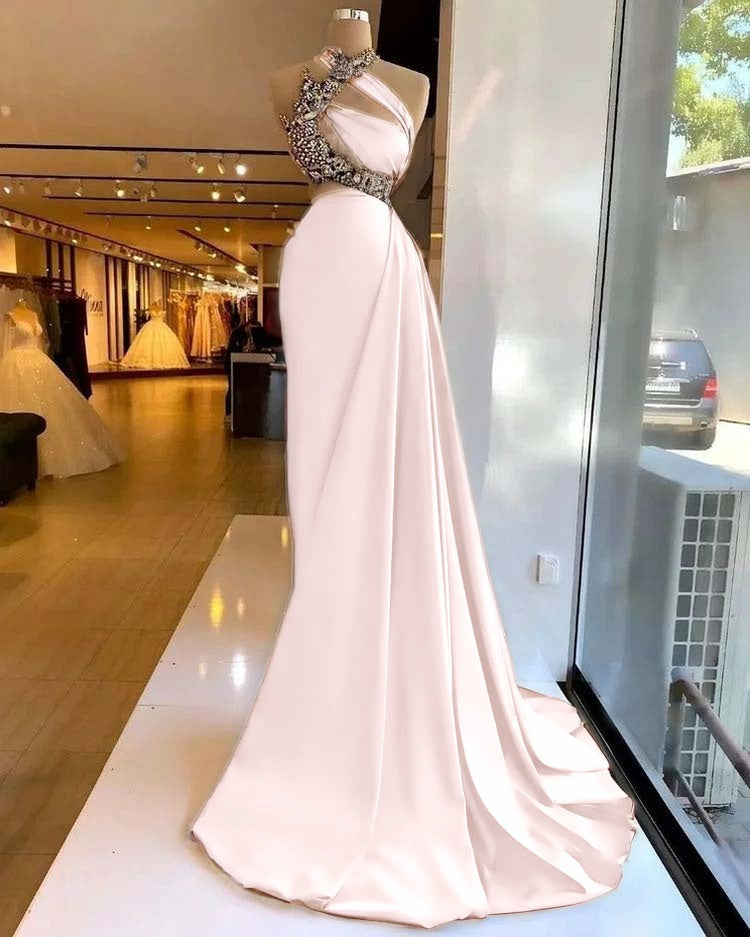 Satin Stunning Beading Sleeveless Long Prom Dress with Ruffle